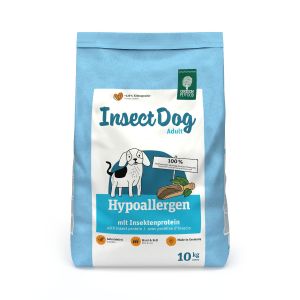 10‑kg-Sack Insect Dog hypoallergen Trockenfutter in blau‑weißer Verpackung , für allergische Hunde.