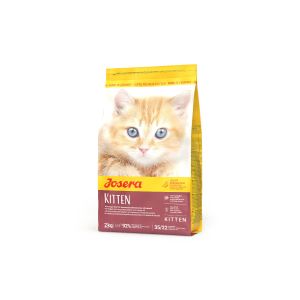 Josera Kitten 2kg Trockenfutter-Verpackung mit Motiv einer jungen Katze - vollwertiges Futter mit Lachs für heranwachsende Kätzchen.