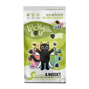 Lucky Lou Adult Geflügel & Insekten 340 g Trockenfutter‑Beutel mit Katzenzeichnung – grüne Verpackung, Premium‑Monoprotein Rezeptur.