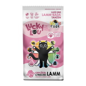 Lucky Lou Light Katzenfutter 340g Dose mit Geflügel und Lamm – kalorienreduziertes Nassfutter für übergewichtige Katzen.