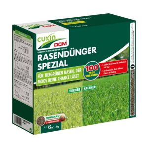 Spezial Rasendünger von Cuxin DCM 3kg Packung, organisch-mineralischer Dünger, für einen tiefgrünen Rasen, der Moos keine Chance lässt, 100 Tage Wirkung, Rosen werden mit Nährstoffen versorgt, mit Eisenchelat