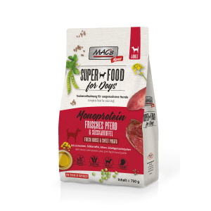 Sack MAC’s DOG Mono frisches Pferd 750 g Trockenfutter - Verpackung mit Pferdemotiv