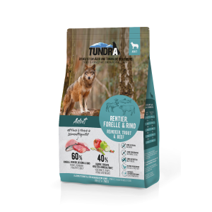  Foto zeigt einen 750 g Sack Tundra Dog Rentier, Forelle & Rind Trockenfutter mit hochwertiger, naturbelassener Verpackung.