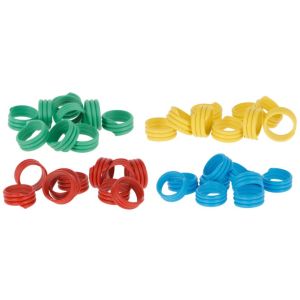 Bunte Spiralringe in den Farben Grün, Gelb, Rot und Blau, zum Markieren der Beine von Geflügel